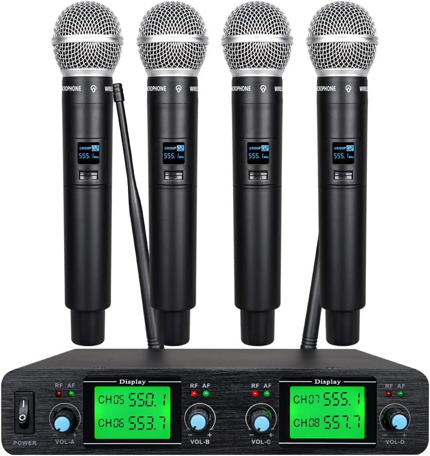 4 Channel Wireless Microphone System 4 Handheld Mic UHF Karaoke DJ Singing Meeting Party New Wedding Church Conference Speech 3 Years Free Warranty Fixed Frequency Long Range