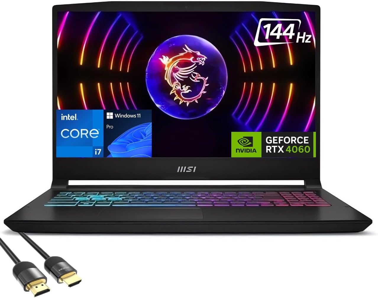 MSI Katana 15 Gaming Laptop, 15.6″ FHD Display, 12th Gen Intel Core i7-12650H, GeForce RTX 4060 8GB, 32GB DDR5, 1TB PCIe 4.0, WiFi 6, 4-Zone RGB Backlit KB, USB-C, RJ45, PDG HDMI Cable, Win 11 Pro