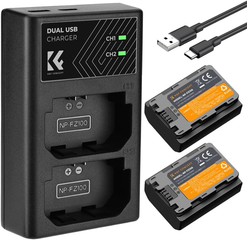 K&F Concept NP-FZ100 Battery and Dual Slot Charger Set for Sony A7iii, A7iv, A7C, A6700, A6600, ZV-E1, ZV-E10ii, FX3, FX30, A9, Alpha 9, Alpha 9S, A9S, A7R3, A7R4 Camera Batteries, 2280mAH