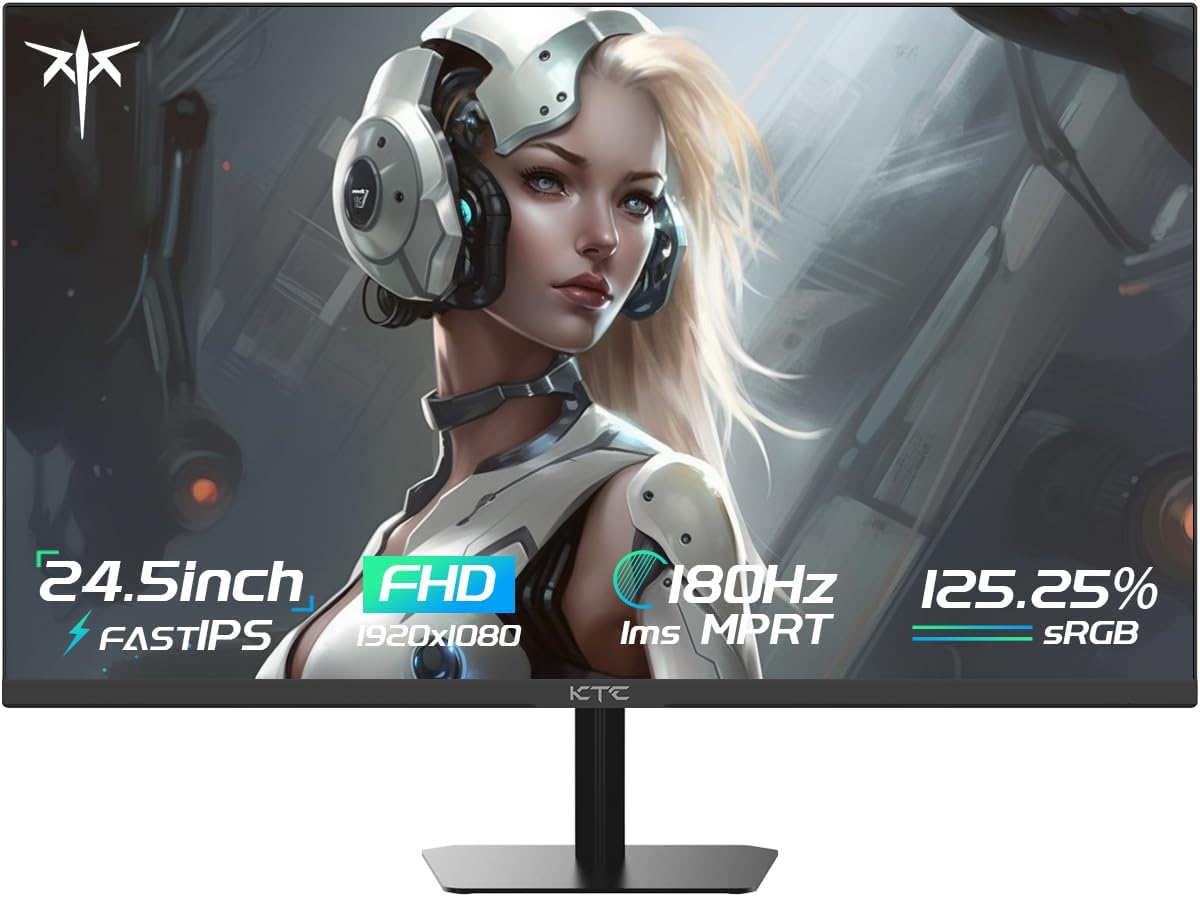 KTC 24.5 Inch Gaming Monitor FHD 1080P Fast IPS 180Hz, 125% sRGB 1ms HDR Zero-Frame Computer Monitor, HDMI 2.0×2, DisplayPort 1.4×1, FreeSync & G-Sync, Tilt, VESA Compatible, Eye Care