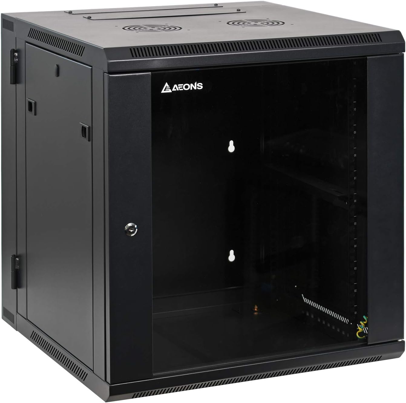 AEONS Depot 12U Professional Wall Mount Server Cabinet Enclosure Double Section Hinged Swing Out 19-Inch Server Network Rack with Locking Glass Door Black (Fully Assembled)