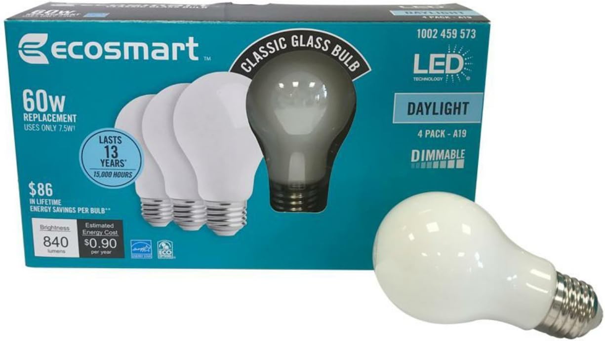 EcoSmart 60-Watt Equivalent A19 Dimmable Energy Star Classic Glass LED Light Bulb, Daylight (4-Pack)