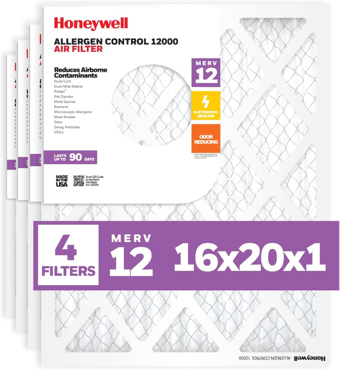 Honeywell 16x20x1 MERV 12 Electrostatic Pleated HVAC AC Furnace Air Filter (4-Pack) | Replacement Filter for Home Use | Made in USA