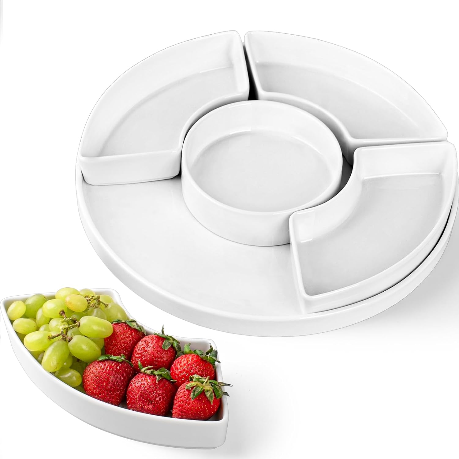 12.8″ Serving Tray and Platters, Divided Serving Dishes, Serving Trays for Entertaining, Appetizer Serving Tray, 6 Removable Serving Dishes Set for Chips and Dip, Veggies, Candy and Snacks, White