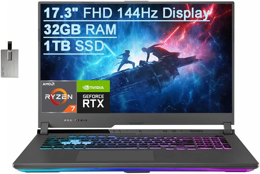 ASUS 2021 ROG Strix G17 17.3″ FHD 144Hz Gaming Laptop, AMD Ryzen 7-4800H 8-core, 32GB RAM, 1TB PCIe SSD, Backlit Keyboard, NVIDIA GeForce RTX 3060, Windows 10, Gray, 32GB USB Card