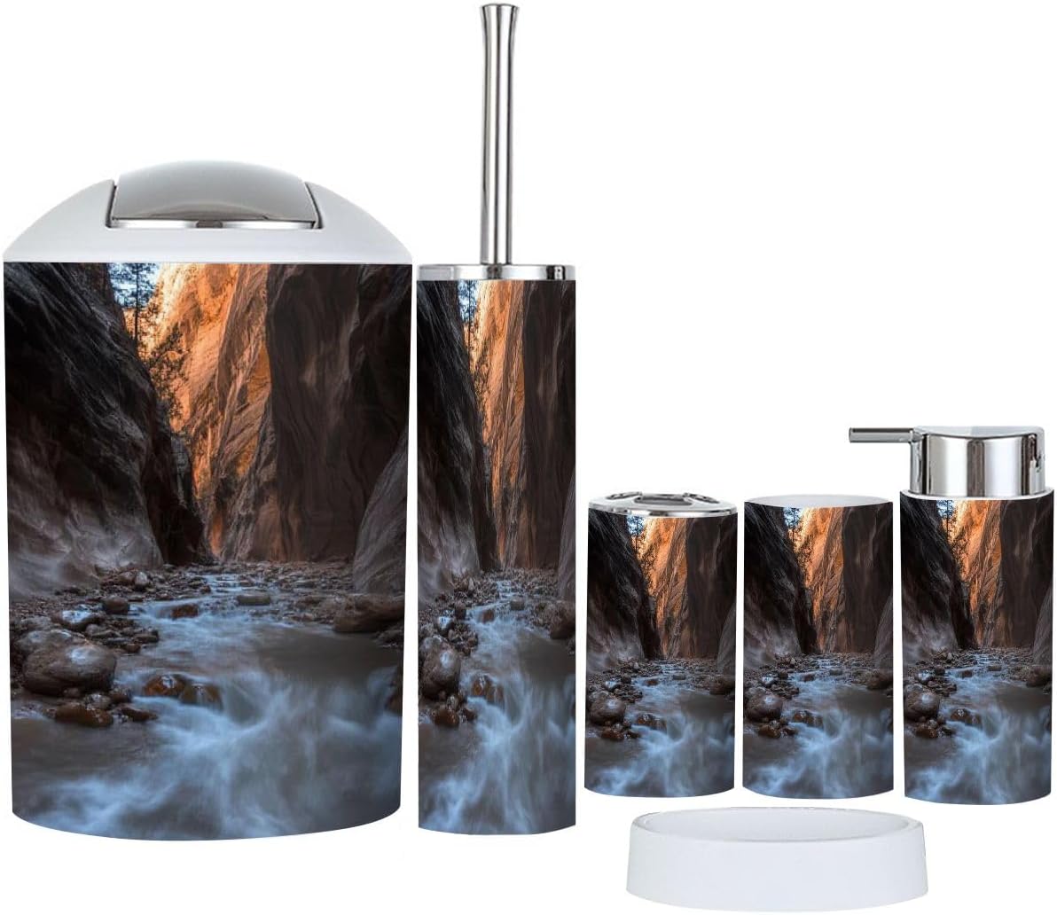 Bathroom Accessory Set 6 Piece Hiking Narrows Zion Fall Toothbrush Holder, Toothbrush Cup, Soap Dispenser, Soap Dish, Toilet Brush Holder, Trash can