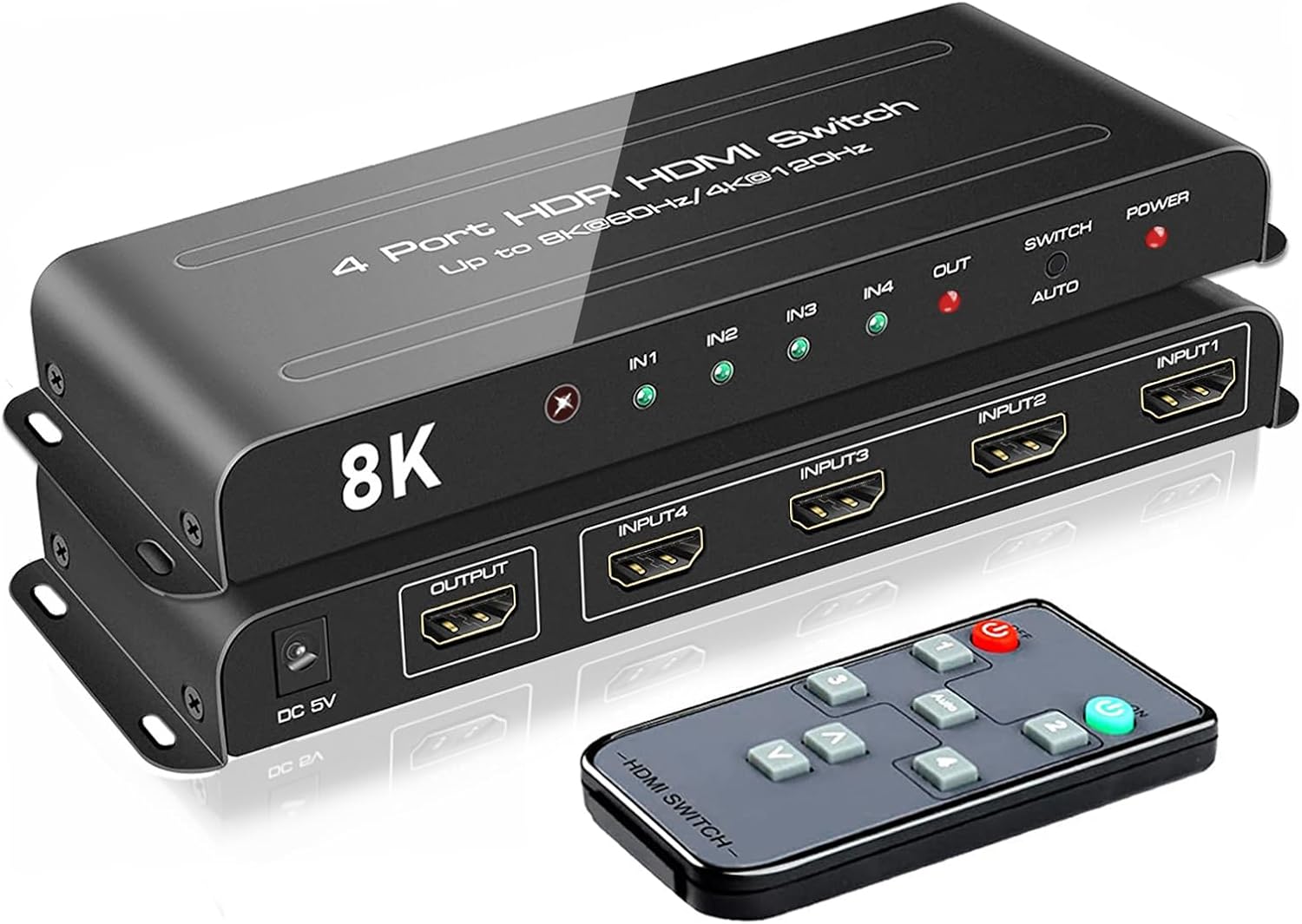 ROOFULL 4 Ports 8K HDMI 2.1 Switch 4 in 1 Out 8K@60Hz 4K@120Hz HDMI Switcher Selector with Remote Support 48Gbps HDR 10+ Dolby Vision/Atmos HDCP 2.3 CEC for PS5 4 Pro Xbox Apple TV Game PC Roku