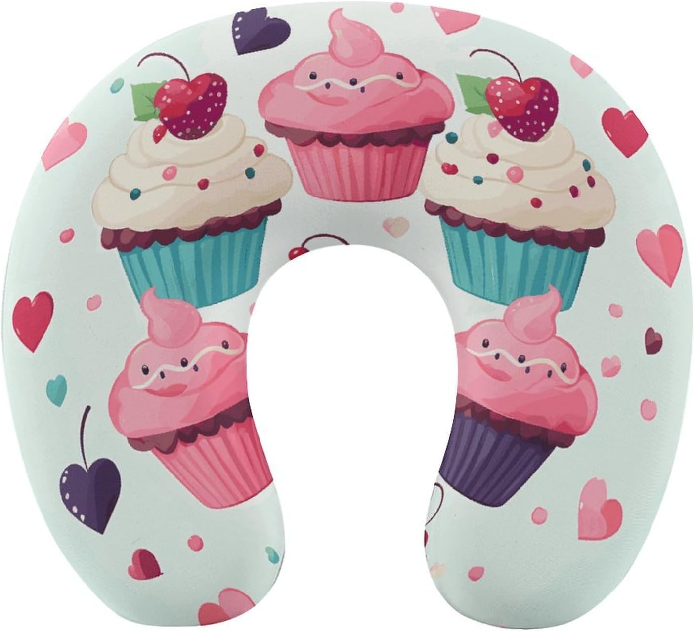 Travel Pillow Cupcake Candy Hearts Sweet Printed Portable Neck Support Pillow Head Neck Support Travel Pillow for Planes, Trains, Self-Driving Cars