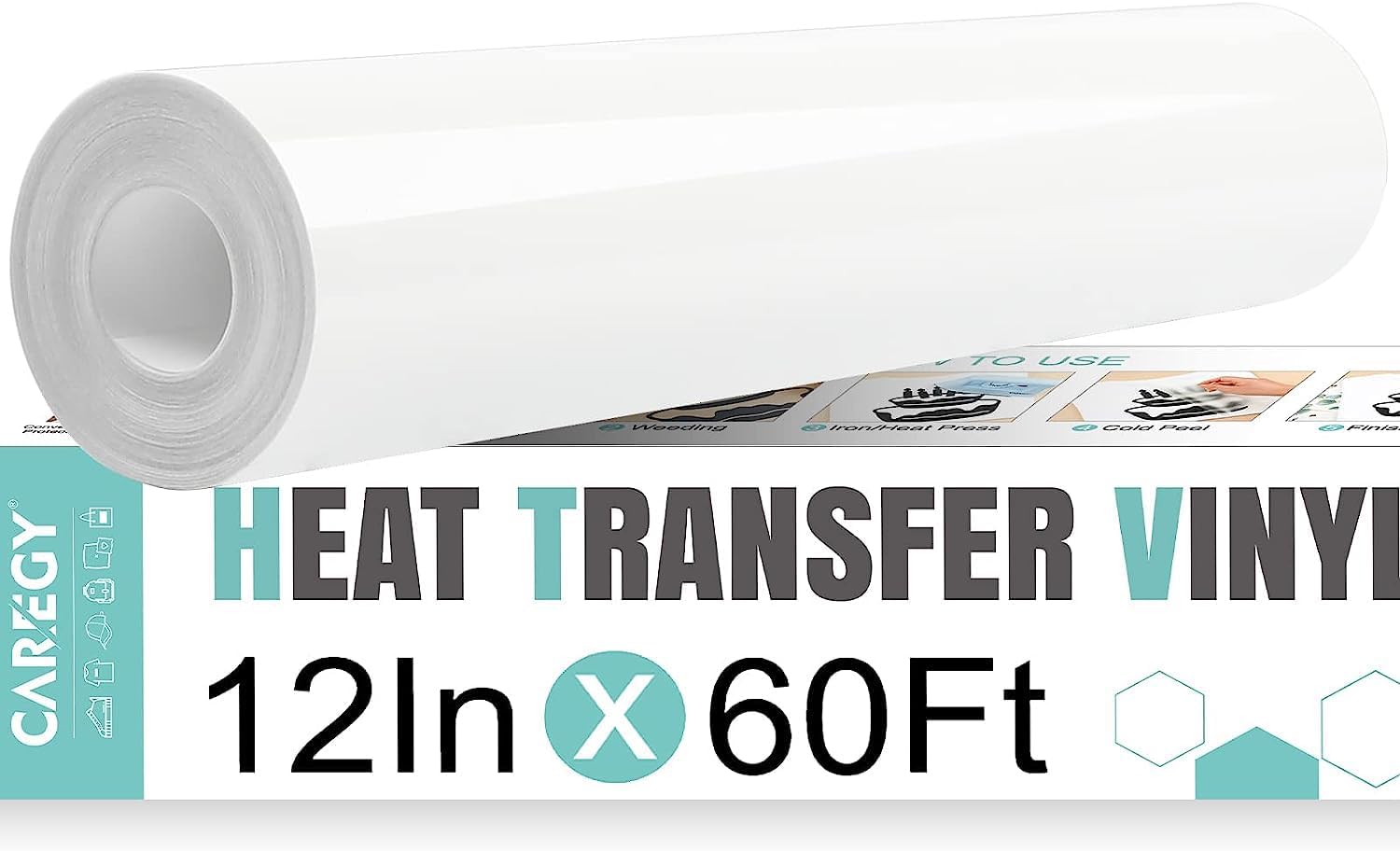 CAREGY Heat Transfer Vinyl White Iron on Vinyl-12 x 60Ft HTV Vinyl Roll Easy to Cut & Weed for Heat Vinyl Design