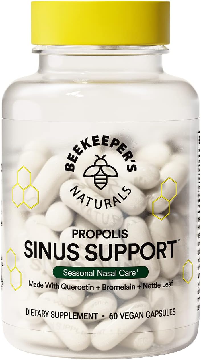 Beekeeper’s Naturals All Natural Sinus Support for Adults, Seasonal Nasal Care Relief with Propolis, Quercetin, Bromelain, Nettle Leaf, & Vegan Capsule, Blocks or Suppresses Histamine, 60 ct