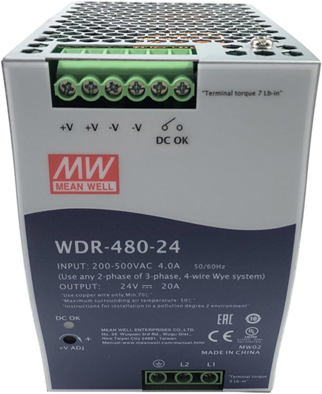 WDR-480-24 480W 24V 20A DIN Rail Power Supply – Reliable Power for Data Centers & Servers, Wide Input 180-550VAC, 92% Efficiency, Active PFC, UL508