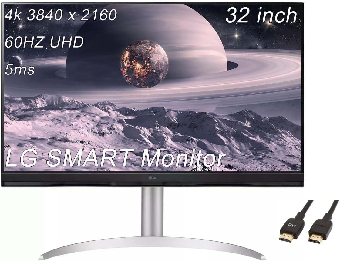 LG 32 inch 4K Smart Monitor, 16:9 Ultra HD (3840×2160) LCD Display, 60Hz, 5ms, AMD FreeSync, with webOS, ThinQ Home, USB Type-C, 2x5W Stereo Speakers, AirPlay 2, Bluetooth, with 5ave HDMI Cable