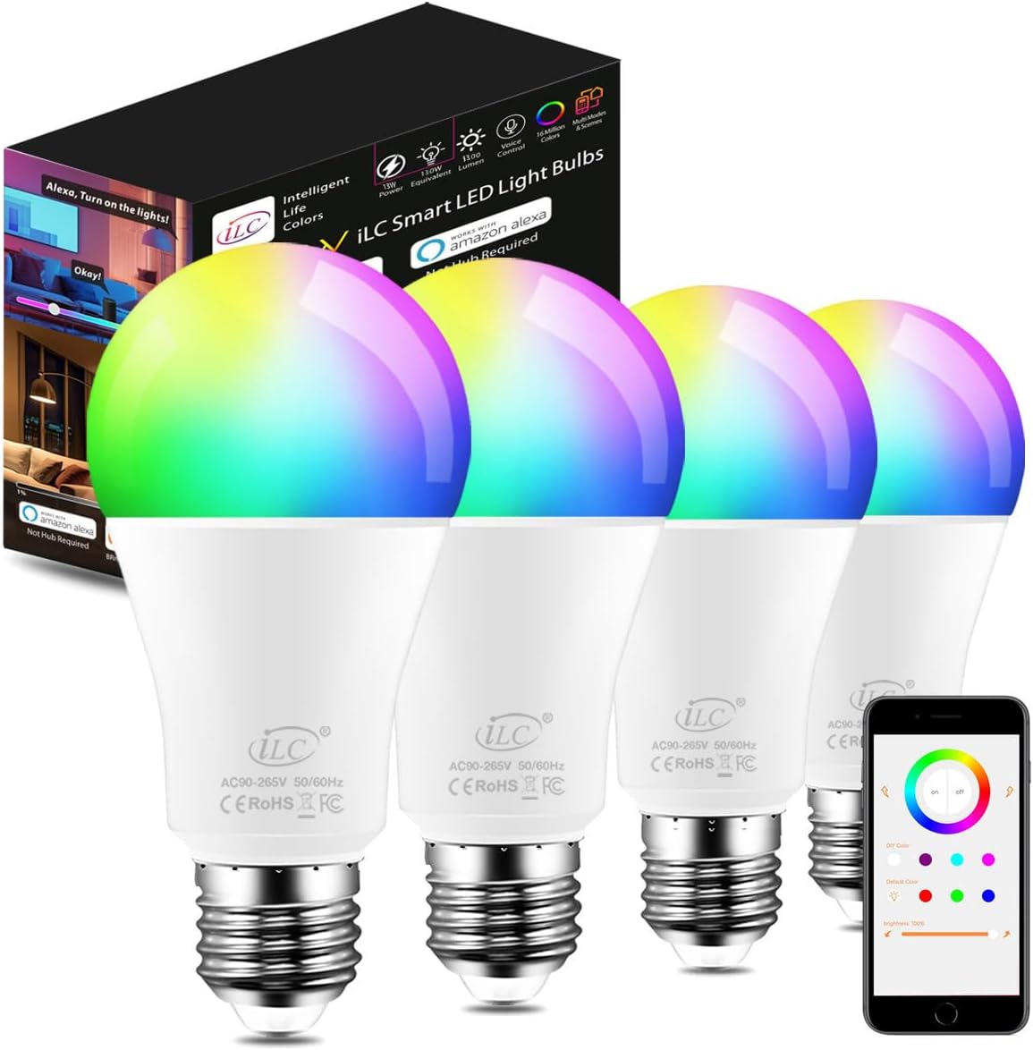 ILC Alexa Light Bulbs, 13W, Smart Light Bulbs Work with Alexa Required Echo Device, Color Changing LED Light Bulbs Daylight White 5700K (4 Pack)