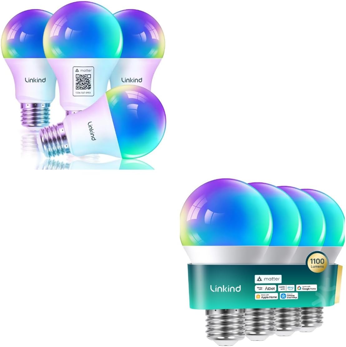 Linkind Matter Smart Light Bulbs 1100LM (75W Equivalent) 4Pack Bundle Matter Smart Light Bulbs 800LM (60W Equivalent) 4Pack (Work with Alexa/Apple Home/Siri/Google Home/SmartThings)