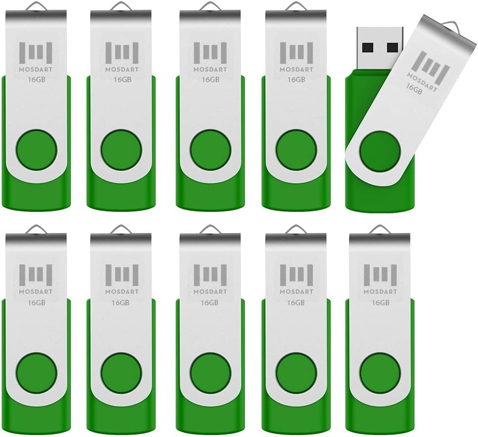 10 X MOSDART 16GB USB2.0 Flash Drives in Bulk Swivel Design Thumb Drives with Led Indicator,Green 10pack