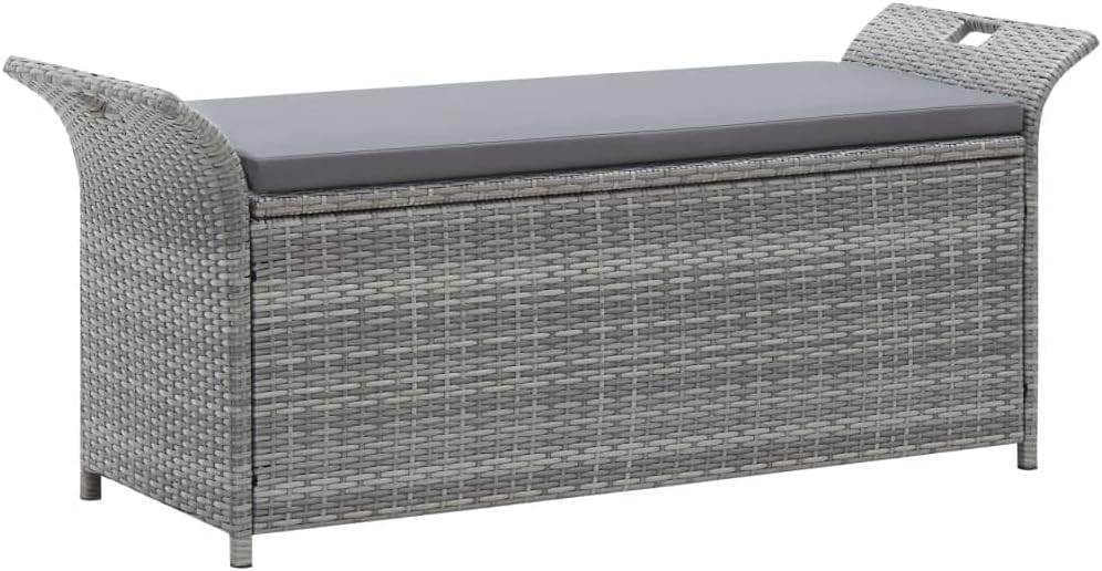 vidaXL Poly Rattan Storage Bench with Cushion, Indoor/Outdoor Ottoman Garden Bench, Waterproof Design, Easy Maintenance, 19.7″ x 54.3″ x 23.6″ Grey