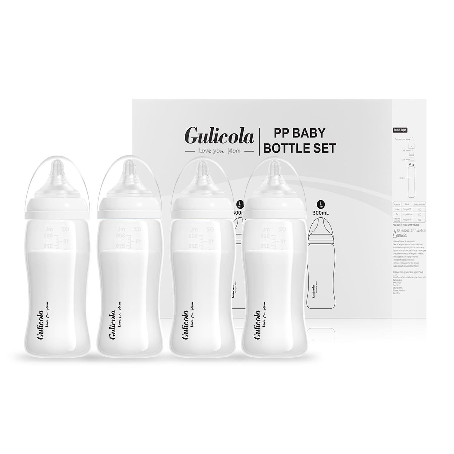 PP Baby Bottles for Breastfed Babies, Fast Flow Nipples (L), 6 Months Plus, Wide Neck, BPA Free, 10 oz & 4 Pack – White