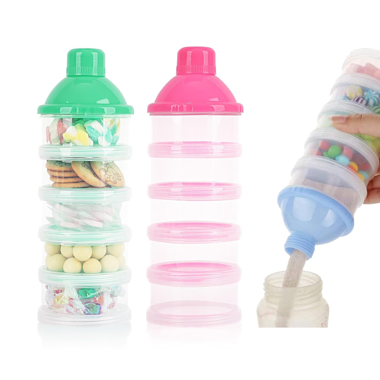 2 PCS 5 Layers Baby Milk Powder Dispenser, Milk Powder Pots, Formula Dispenser Portable Milk Powder Formula Dispenser Container Pot Box Milk Cans Snack Storage Box for Travel (Pink + Green)