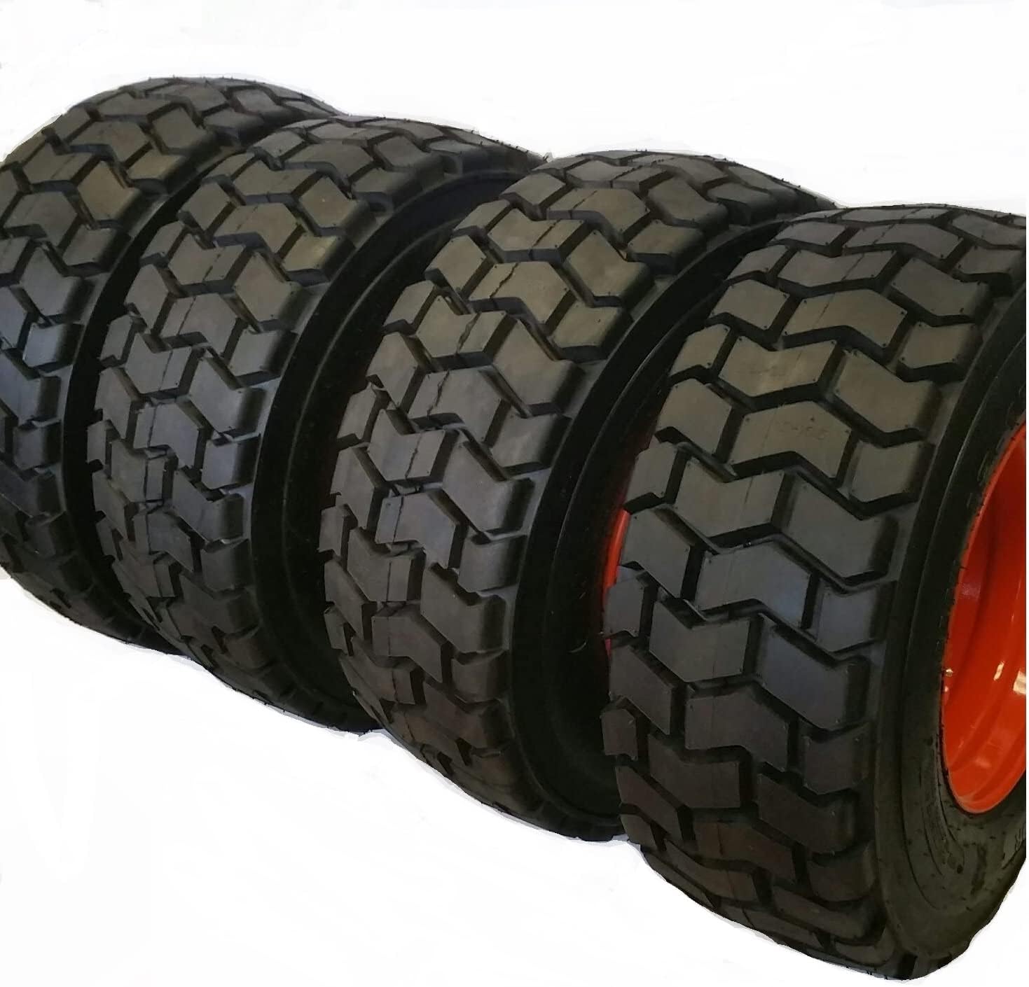 Set of Four (4) 10-16.5 AIOT-30 Skid Steer Loader Tires Mounted with Orange Rim