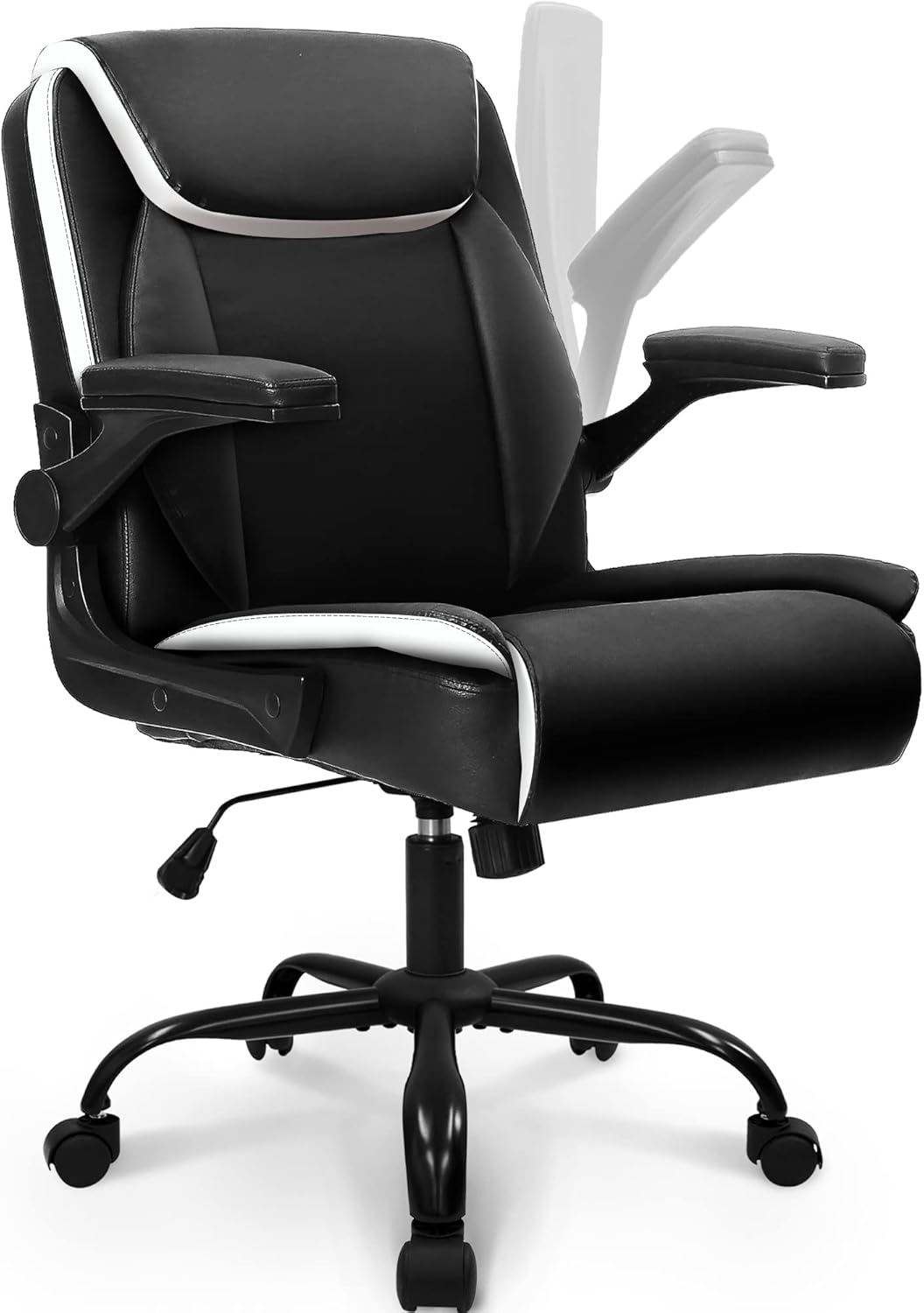 NEO CHAIR Office Chair Adjustable Desk Chair Mid Back Executive Comfortable PU Leather Ergonomic Gaming Back Support Home Computer with Flip-up Armrest Swivel Wheels (Black)