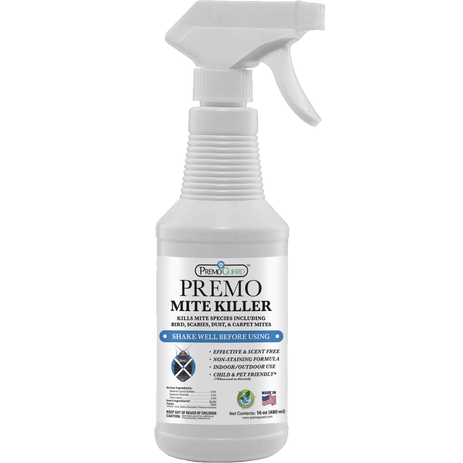 Mite Killer Spray by Premo Guard – 16 oz – Treatment for Dust Spider Bird Rat Mouse Carpet and Scabies Mites – Fast Acting 100% Effective – Child & Pet Safe – Best Natural Non-Toxic Formula