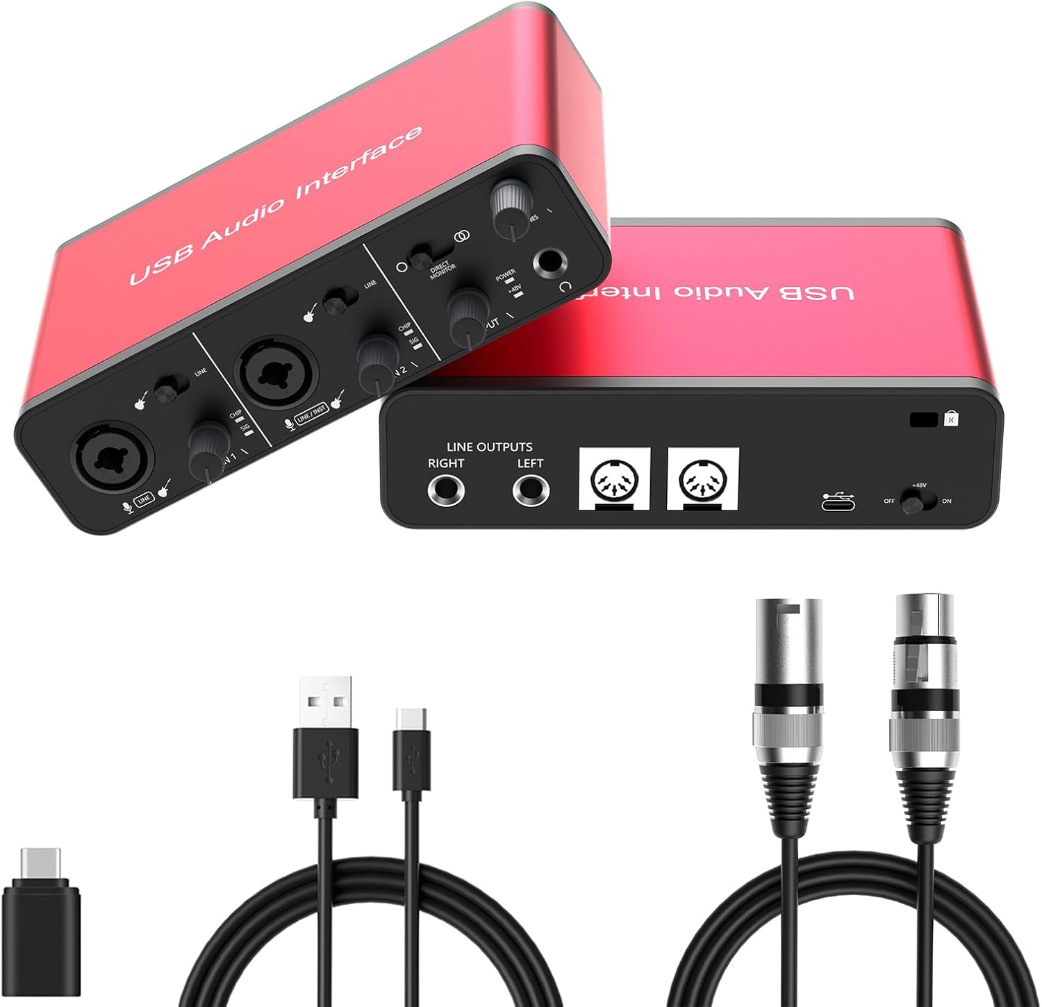 Dacimora 2i2 USB Audio Interface with 48V Phantom Power 24Bit/192kHz Plug and Play for Recording Podcasting Streaming Recording Songwriting Streaming XLR Audio Interface(with MIDI and XLR Cable)