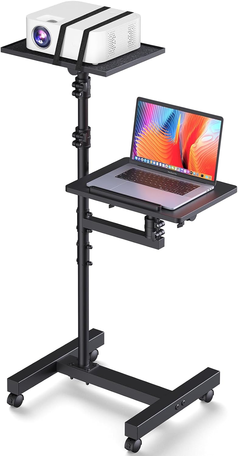 2 Shelves Projector Stand Tripod, Mobile Laptop Cart on Wheels Projector Tripod Stand Adjustable Height 45 to 64 Inches, Overbed Table with Wheels, Rolling Laptop Floor Stand for Couch