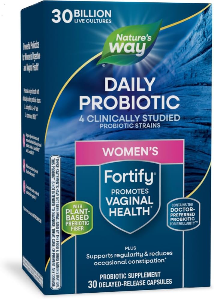 Nature’s Way Fortify Daily Probiotic for Women, 30 Billion Live Cultures, 10 Strains, Prebiotics, Supports Digestive & Immune Health*, No Refrigeration Required, 30 Capsules (Packaging May Vary)