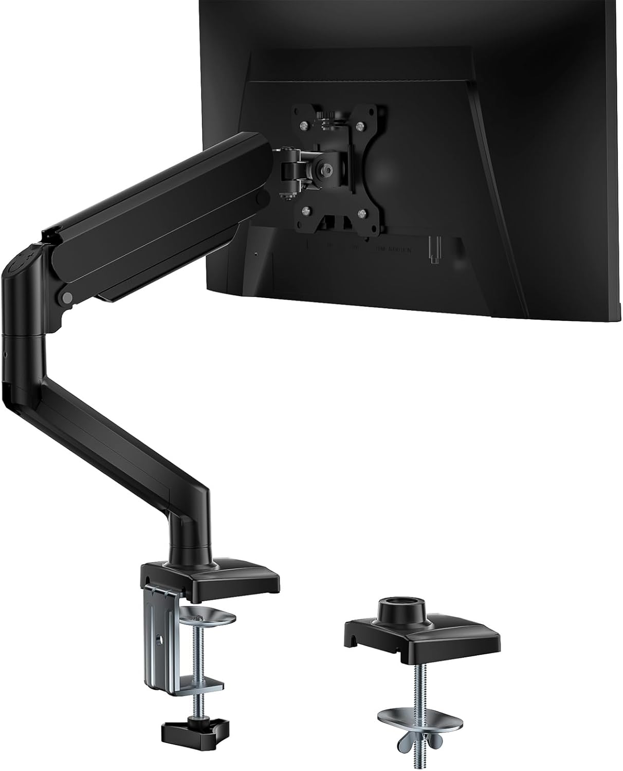 WALI Single Monitor Mount, Gas Spring Monitor Arm for 17-34 inch Screens, Adjustable Computer Monitor Stand up to 26.4lbs, with Clamp and Grommet Base, Mounting Holes 75 and 100mm (GSMP001N), Black