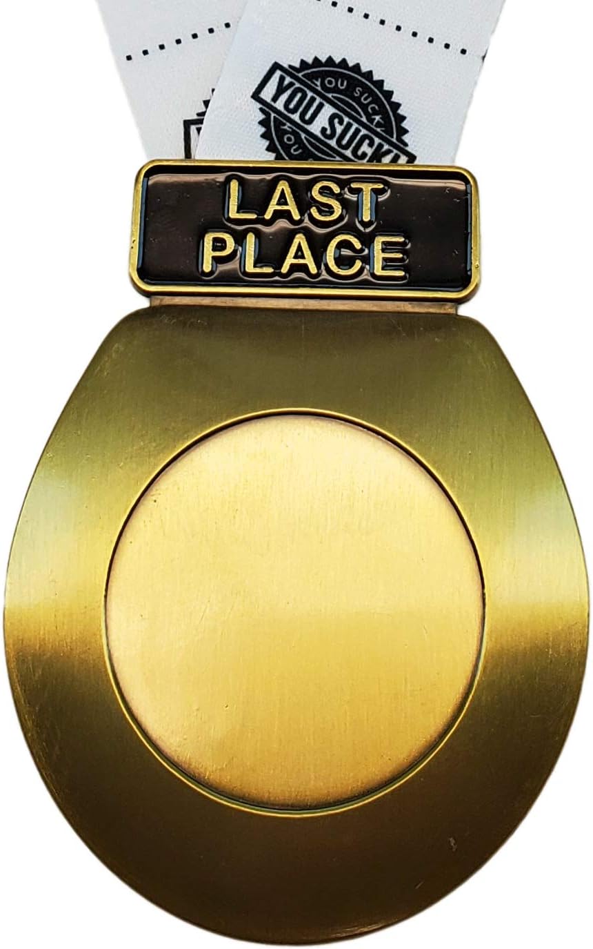 Decade Awards Toilet Seat Last Place Medal, Gold – 3.25 Inch Wide/Toilet Medal with TP Loser Neckband – Die Cast Metal (GOLD)