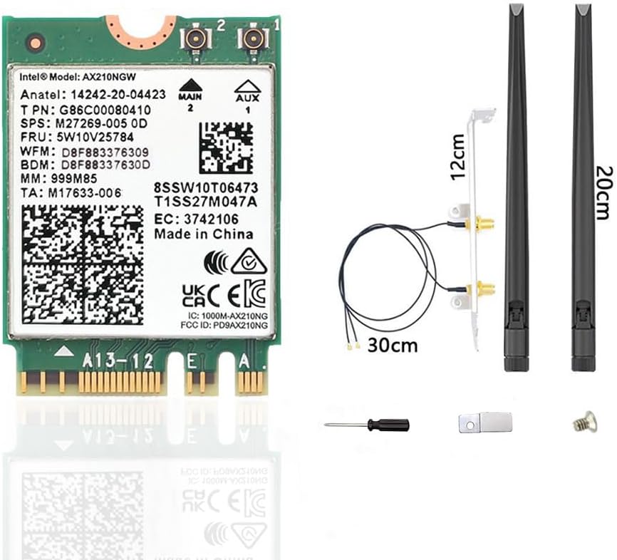 WiFi 6E AX210 NGW Wireless Card, Expand to Tri-Band 6GHz/5GHz/2.4GHz M.2 NGFF Wireless Bluetooth 5.3, AX210 WiFi Chip, Includes Ipex Cable, 8dBi Antennas and Brackets Support Windows 10/11(64 bit)