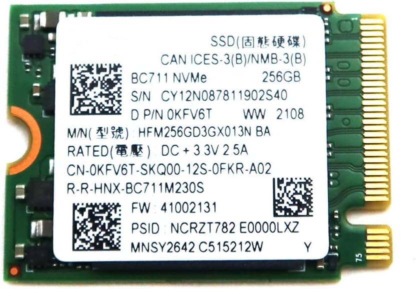 Solid State Drive KFV6T 0KFV6T CN-0KFV6T Compatible Replacement Spare Part for Dell SK Hynix BC711 HFM256GD3GX013N 256GB M.2 2230 NVMe PCIe Gen3 x4 SSD