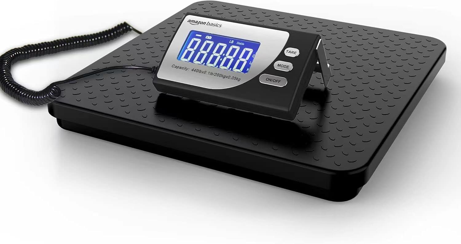 Amazon Basics Digital Postal Scale, Heavy Duty, Aluminium Platform, 440 lb Capacity, 1 Ounce Readability, Black