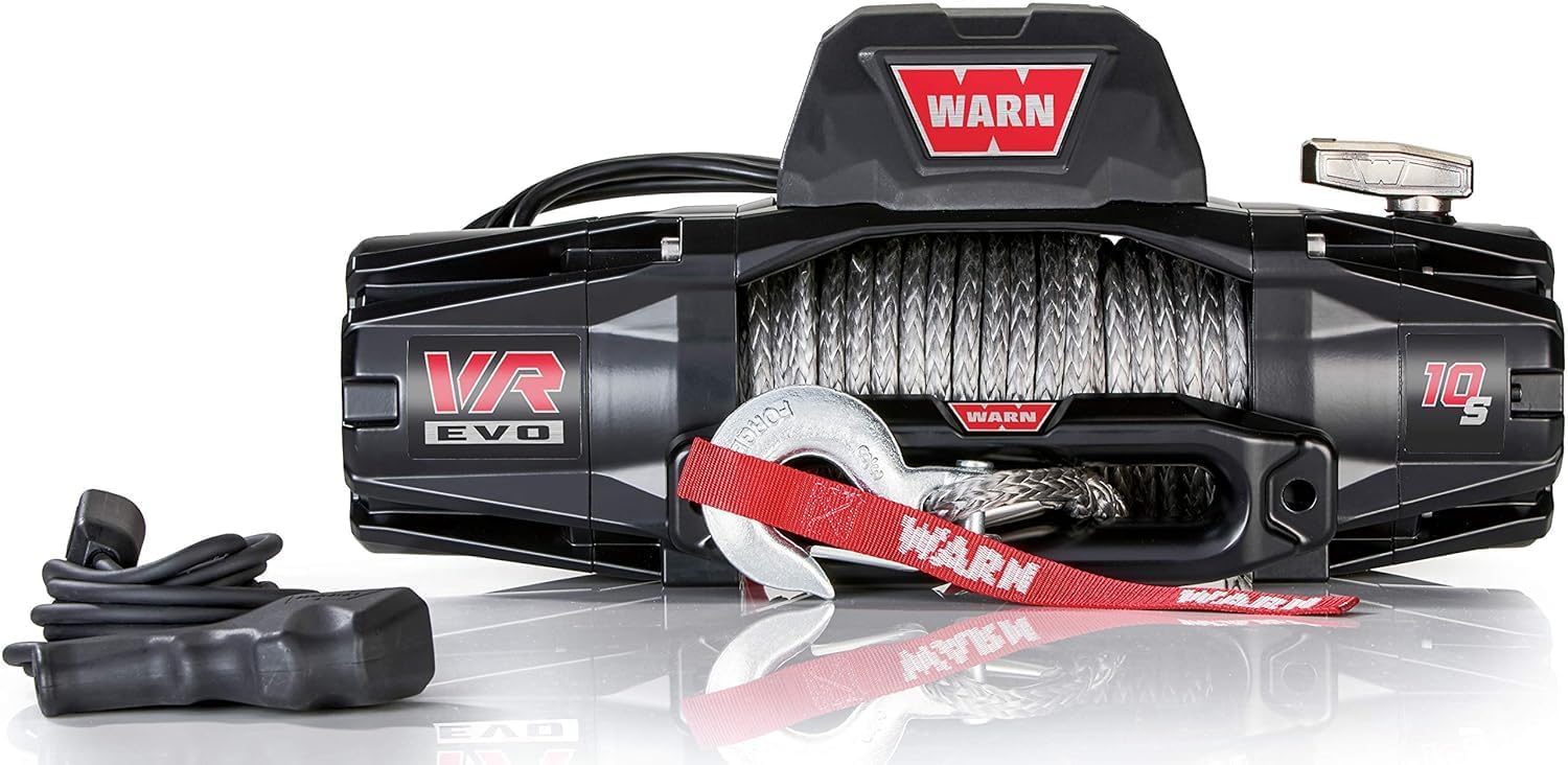 WARN 103253 VR EVO 10-S Electric 12V DC Winch with Synthetic Rope: 3/8″ Diameter x 90′ Length, 5 Ton (10,000 lb) Pulling Capacity