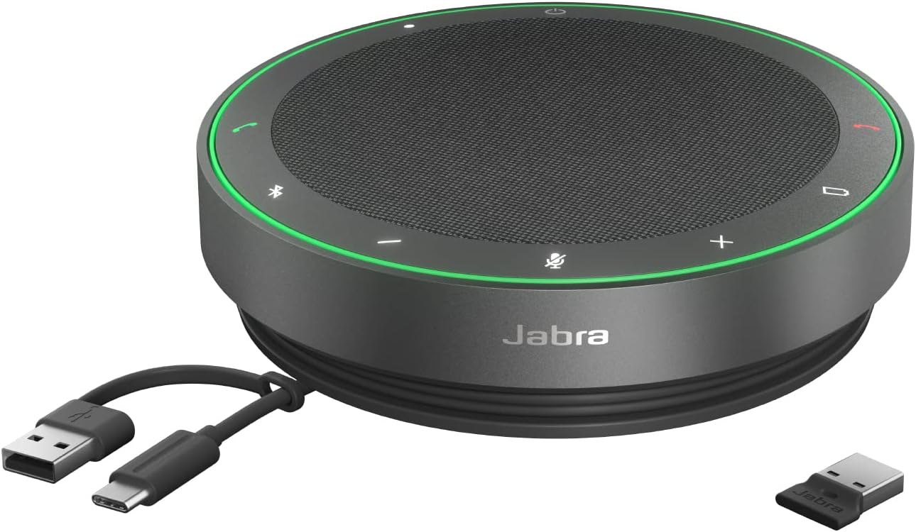 Jabra Speak2 75 Wireless Bluetooth Speakerphone – 4 Noise-Cancelling Mics, Full-Range 65mm Portable Speaker and USB-A Bluetooth Adapter – Certified for Zoom and Google Meet – Dark Grey