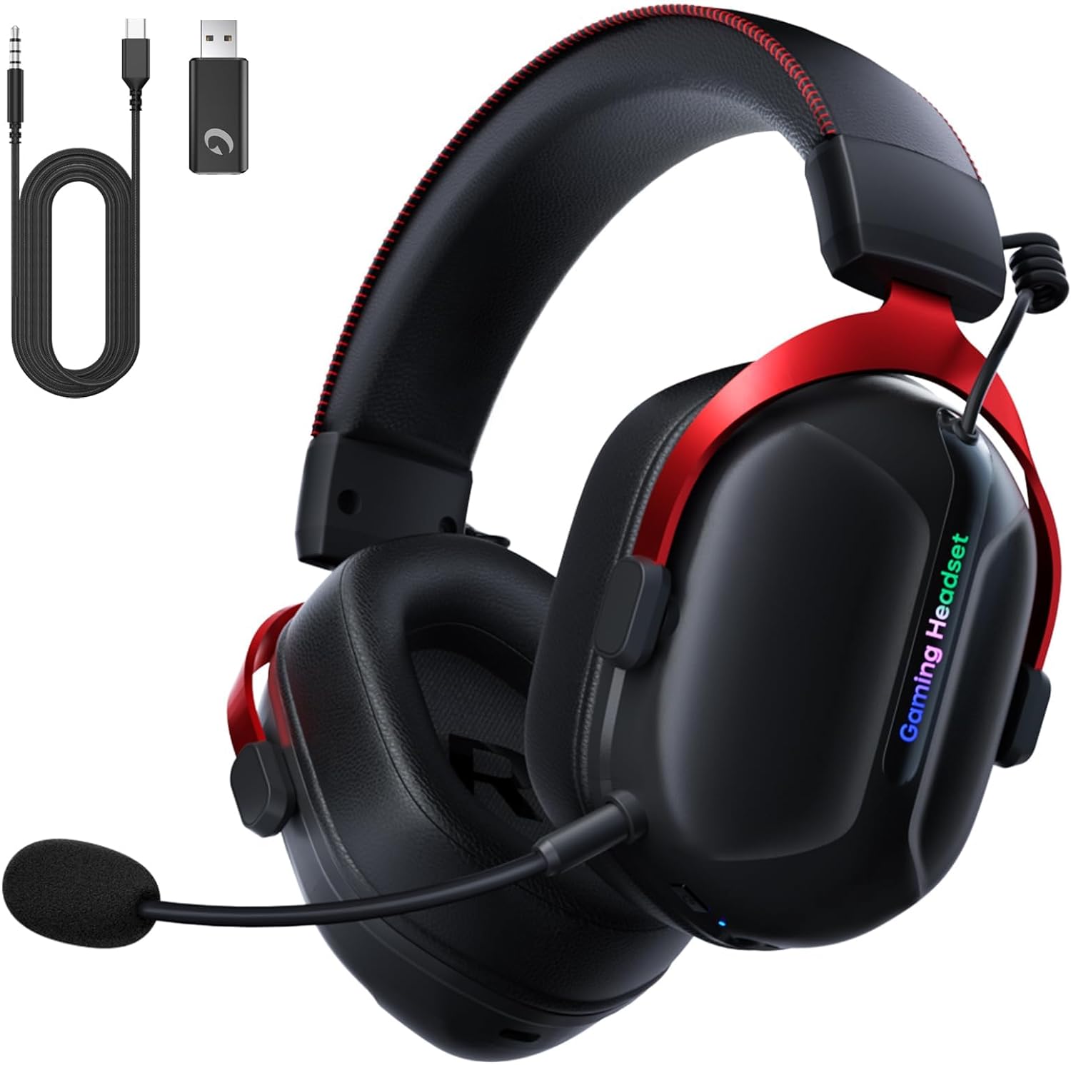 Wireless Gaming Headset, 2.4GHz USB Gaming Headphones for PS5, PS4, PC, Fortnite, Switch, Mac with Bluetooth 5.3, 60H Battery, ENC Noise Canceling Microphone, Gamer Headphones, Red