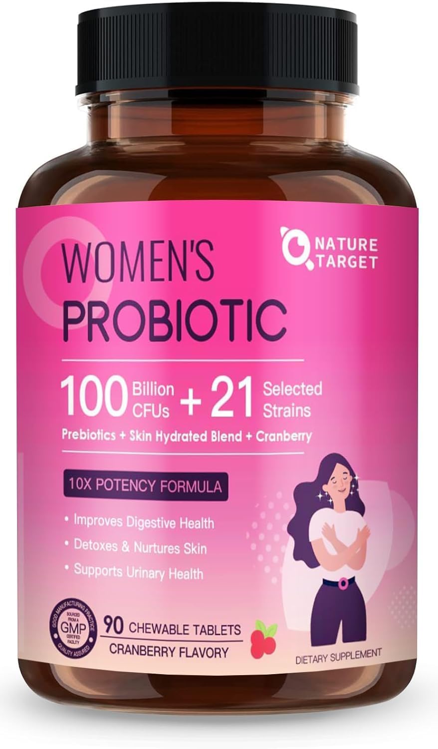 Probiotics for Women Digestive Health with 100 Billion CFUs, Womens Probiotic for Gut Health and Immune Support, Skin Care, with Cranberry and D-mannose, 90 Chewable Tablets (45 Day Supply)