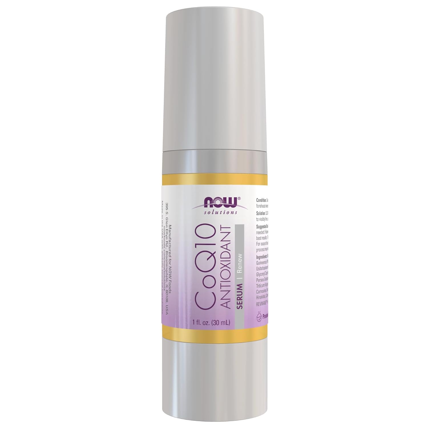 NOW Foods Solutions, CoQ10 Antioxidant Serum, with Clinically Tested REVINAGE for Collagen Support, Visible Firming, 1-Ounce