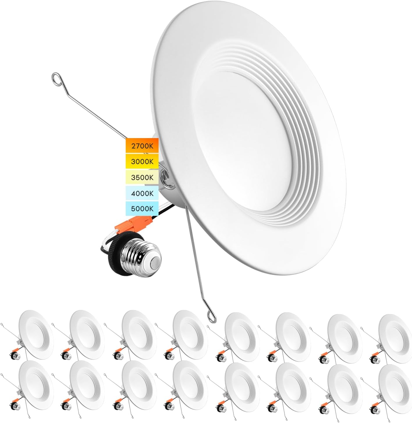 LUXRITE 5/6 Inch LED Recessed Retrofit Downlight, 14W=90W, CCT Color Selectable 2700K | 3000K | 3500K | 4000K | 5000K, Dimmable Can Light, 1100 Lumens, Wet Rated, Energy Star, Baffle Trim (16 Pack)