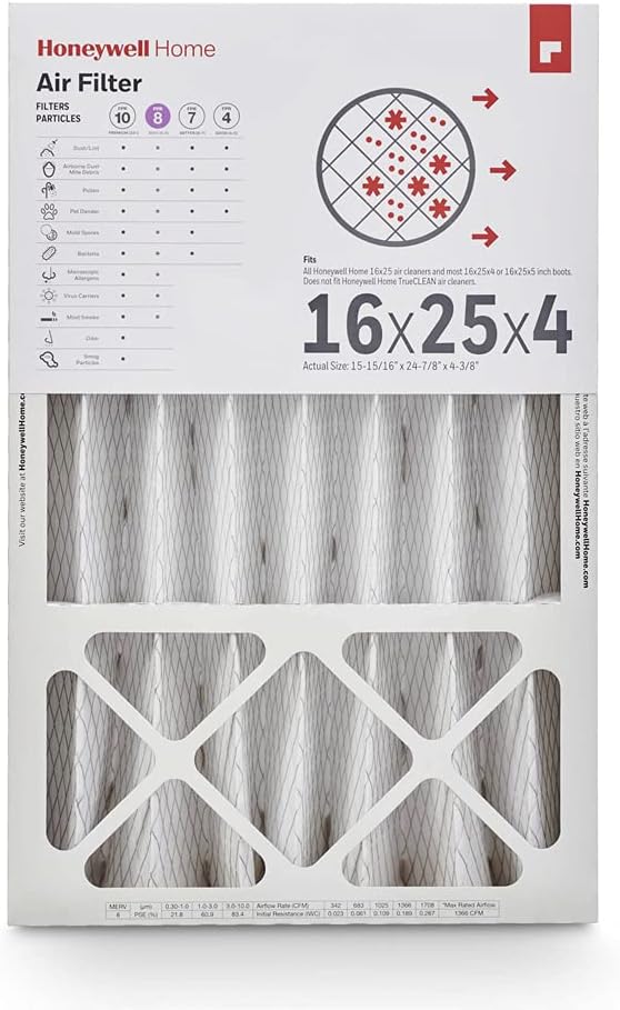 Honeywell Home 16x25x4 MERV 8, AC Furnace Air Filter, 1 PACK (CF408F1625-1PKAM)(Actual Dimensions: 15.63 x 24.75 x 4.38 in.) 1 Filter