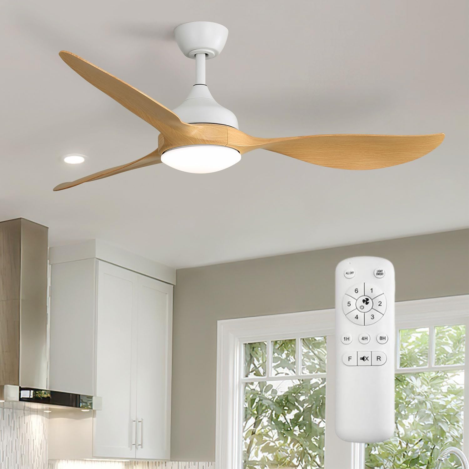 56″ Ceiling Fan with Lights Remote Control, Quiet Ceiling Fans for Patio Living Room, Bedroom, Indoor/Outdoor Modern Ceiling Fan with 3 Downrods, 3 Wood Blades, 6 Speeds Reversible DC Motor, White