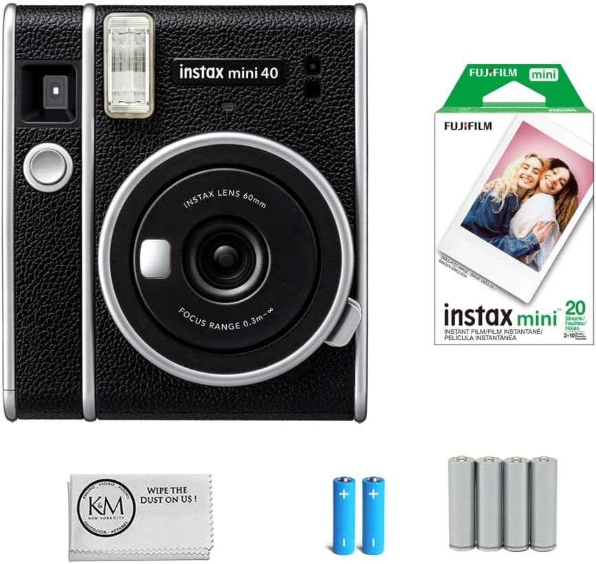 FUJIFILM INSTAX Mini 40 Instant Film Camera Bundle with Fujifilm Instax Twin Pack Film | 20 Exposures + AA Batteries | 4 Pack + Cleaning Cloth (4 Items)