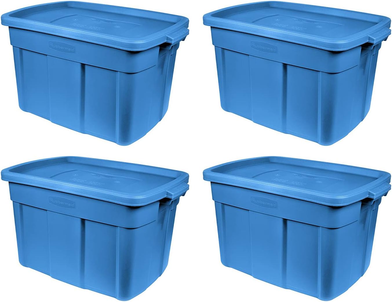 Rubbermaid Roughneck Tote 25 Gal, 4 Pack, Made in USA, Herirage Blue, Rugged Plastic Stackable Storage Bins with Lids and Handles