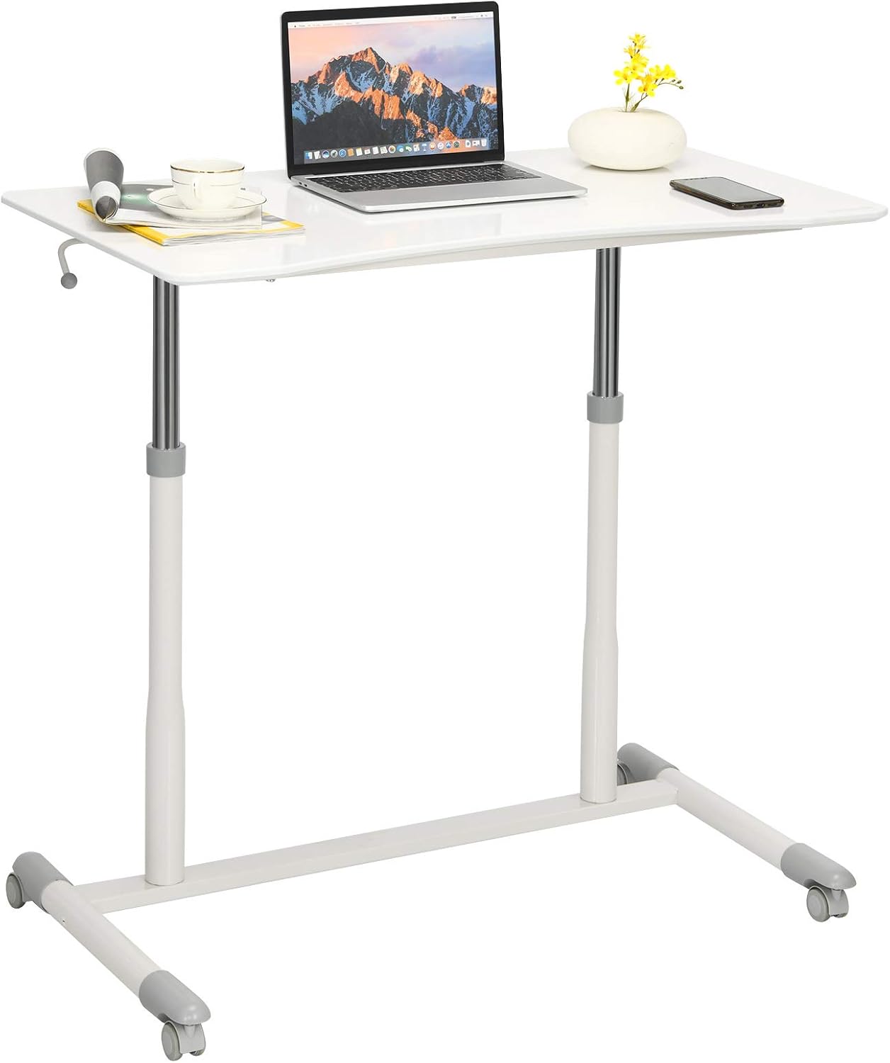 Tangkula Mobile Computer Desk with Steel Frame, Small Height Adjustable Rolling Compact Stand Up Desk on Wheels, MDF PVC Tabletop, Ideal for Home Office, White