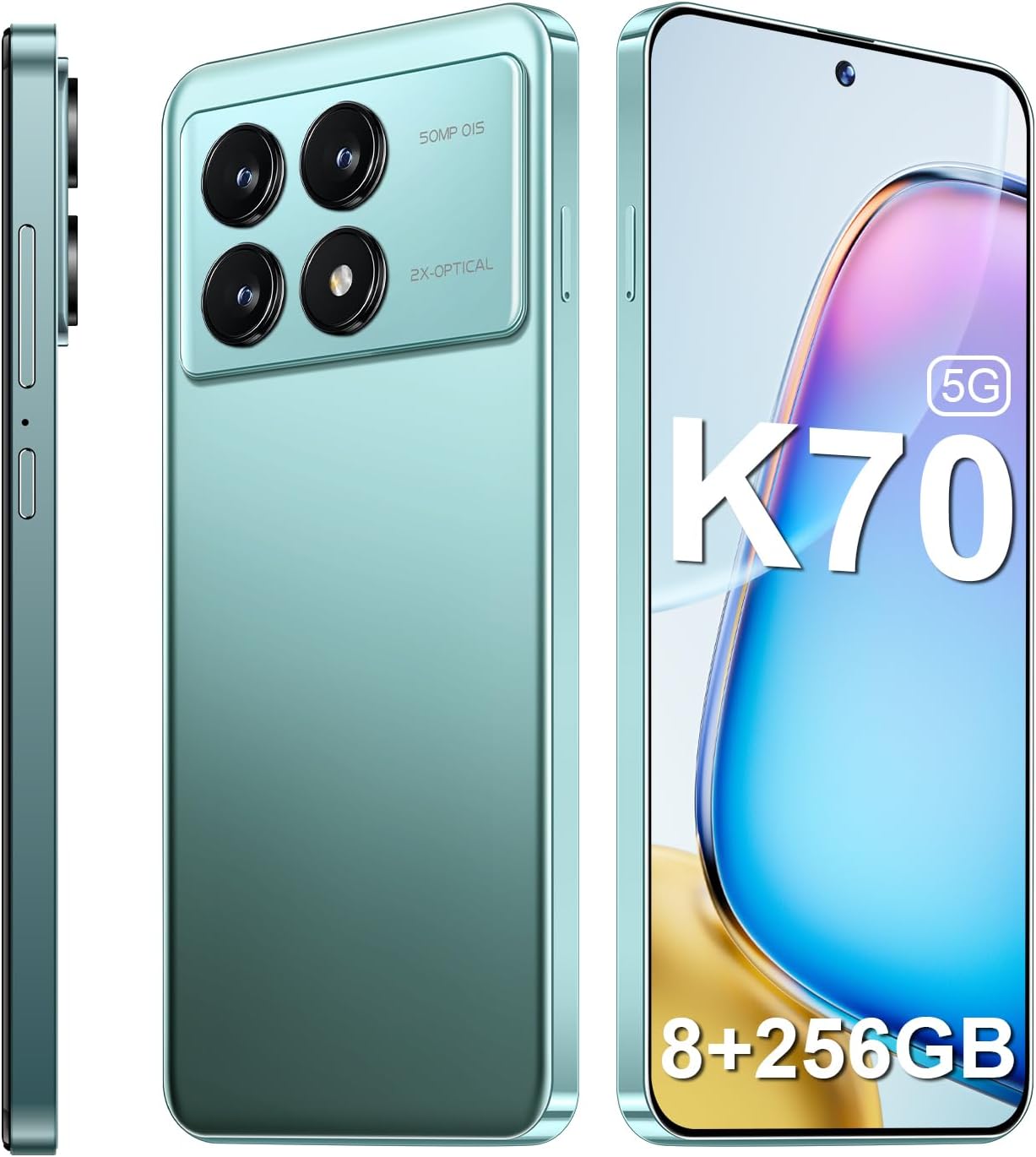 K70 5G Unlocked Phones 8GB+256GB 8-Core Android Phones 2024 Android 13 Cell Phones 6.7″ HD Screen 24MP+50MP Camera 6200mAh Battery Standby 5G Dual SIM Smartphones(Green)