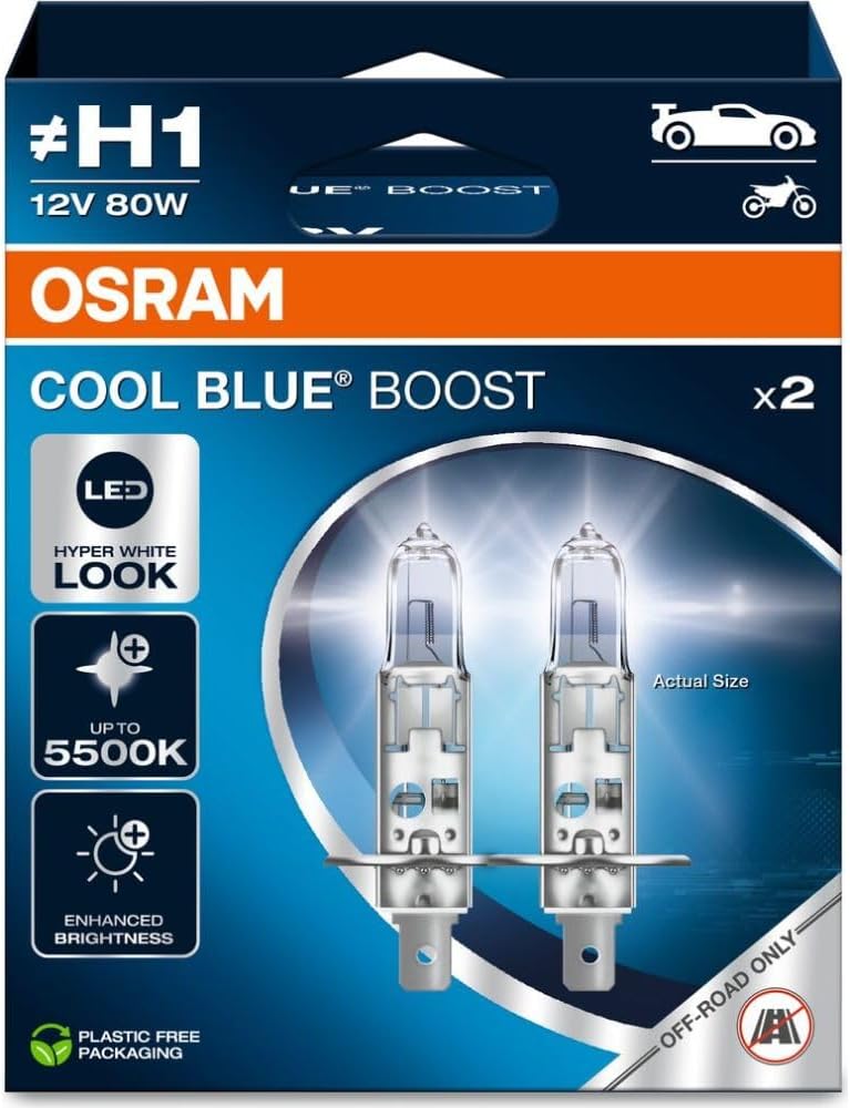 OSRAM COOL BLUE® BOOST, H1, halogen headlight lamps, up to 5500K, Hanging folding box (2 lamps), offroad use only