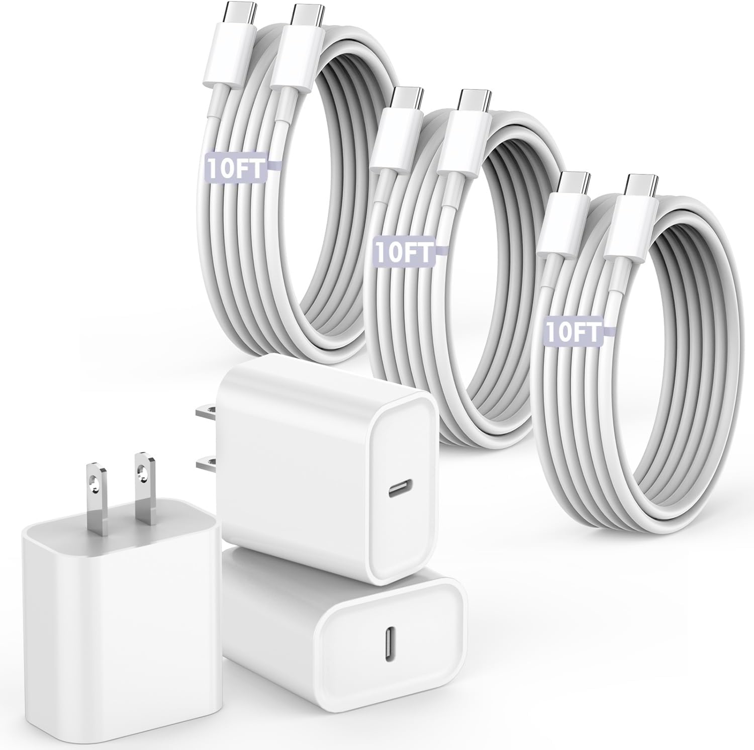 10FT Fast Charging Cord for iPhone 16 15,3Pack Extra Long 10Foot USB C to Type C Charger Cable 20W USB C Charger Block Cube Super Quick Charging for iPhone 16 15 Pro/Plus/Pro/Pro Max,iPad Pro/Air/Mini