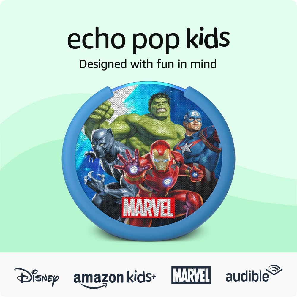 Amazon Echo Pop Kids (newest model), Designed for kids, with parental controls, Includes 6 months of Amazon Kids+, Marvel’s Avengers