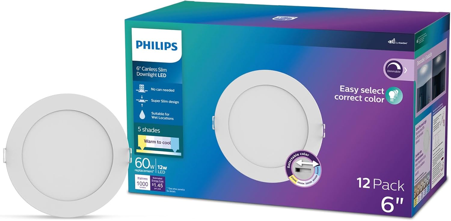 PHILIPS Slim Canless 6″ Downlight, EyeComfort, Dimmable, Wet Rated, 1000 Lumens, 2700K-5000K, Selectable White, T24, Energy Star, 12 Pack