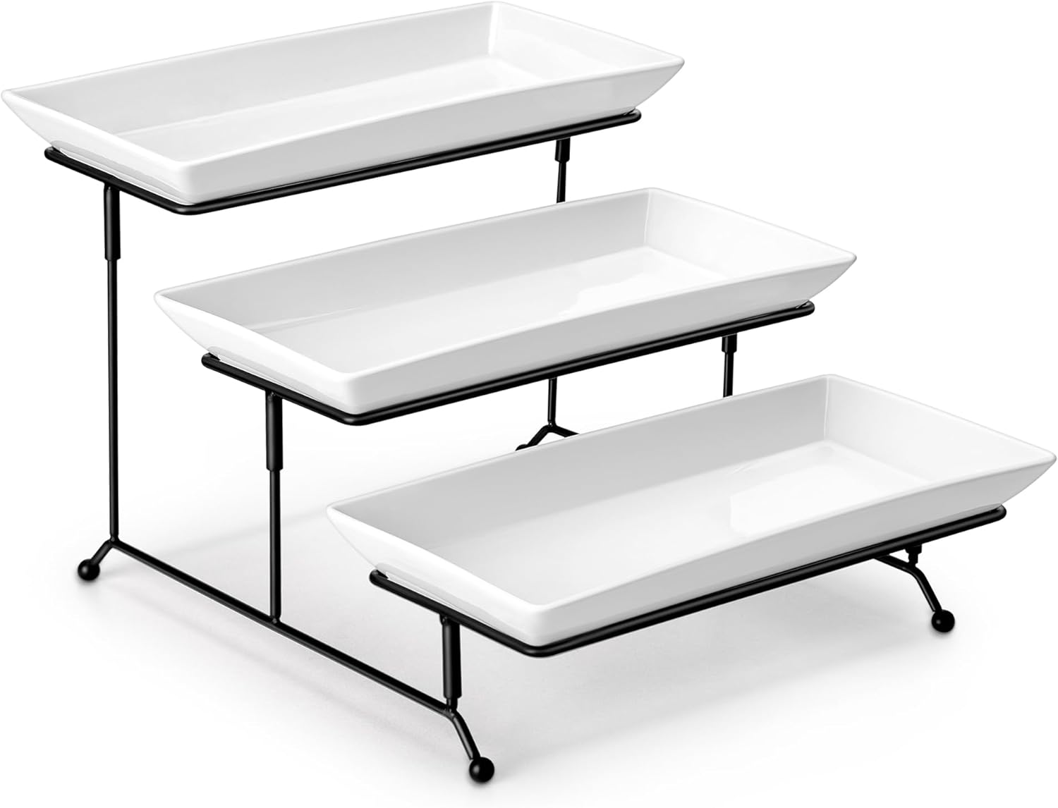 MALACASA 3 Tier Serving Trays for Party, Porcelain Serving Platters and Trays, 12 Inch Tiered Tray Stand, Fruit Tray, Trays for Serving Food, White Dessert Stand with Collapsible Sturdier Metal Rack